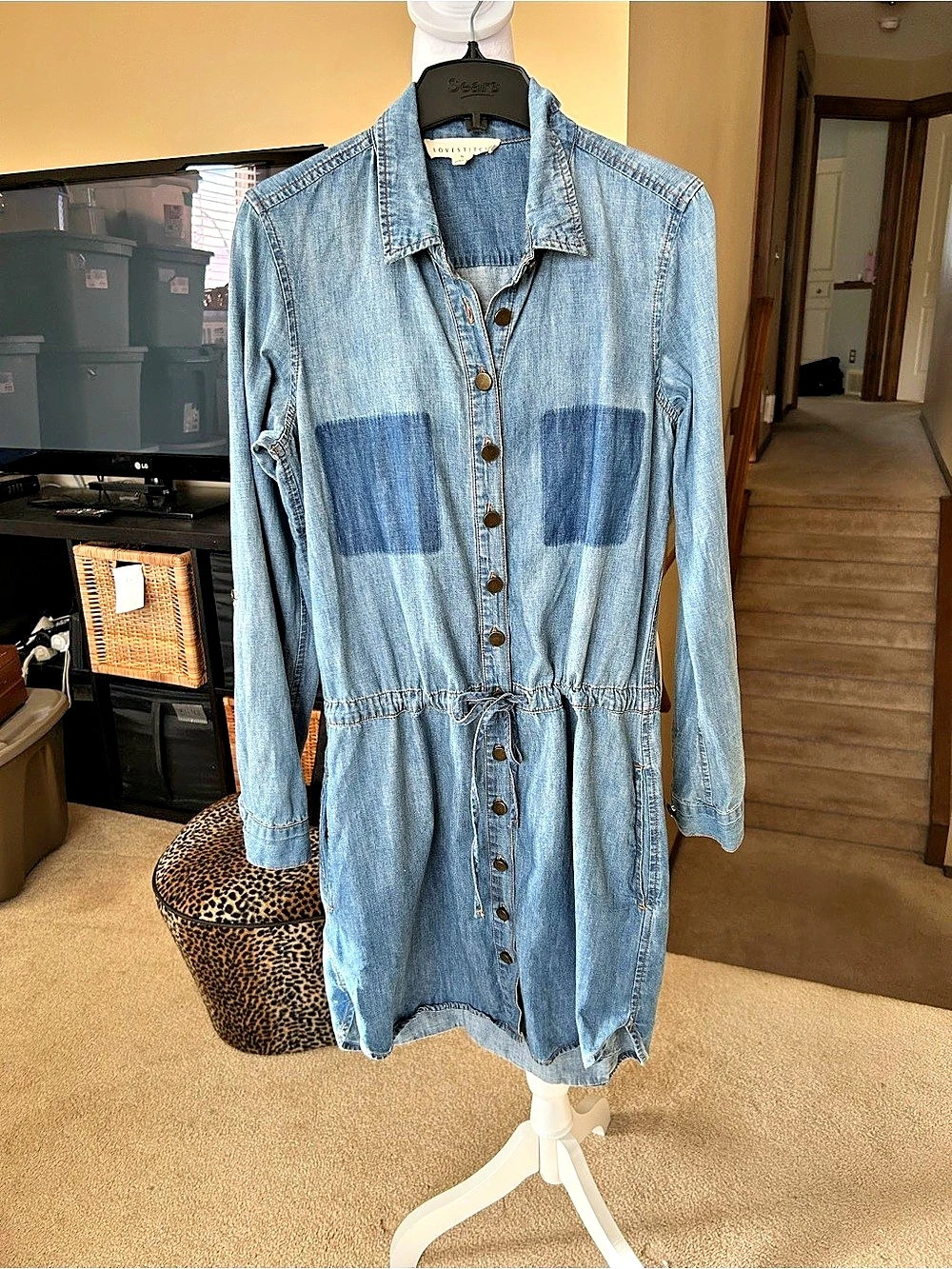 LOVESTITCH Denim Mini Shirt Dress + Long Sleeves Drawstring waist-Size Small